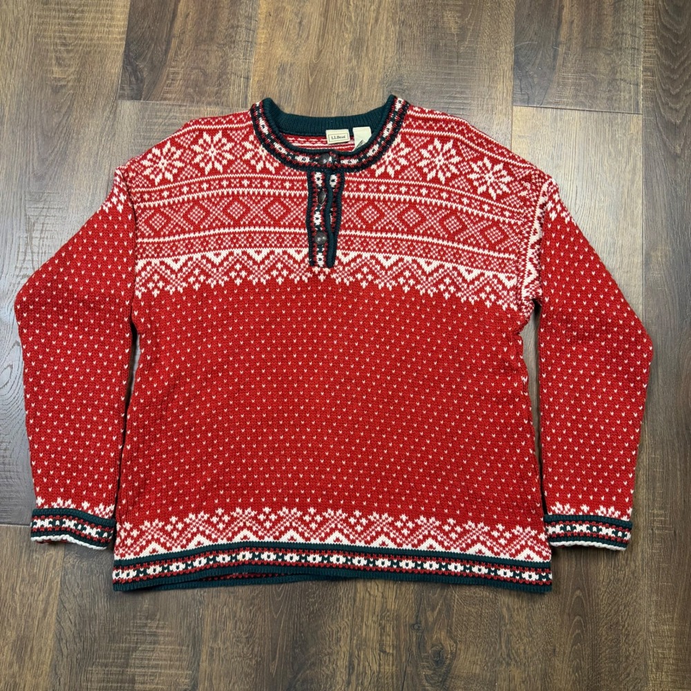 L.L.Bean Nordic Fair Isle Sweater Women's LG Red Snowflake Henley 100% Cotton